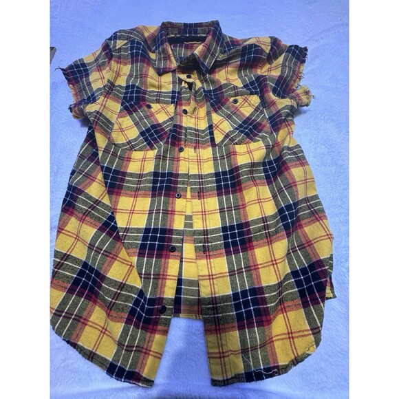 Ninth Hall Flannel Shirt Short Sleeve Plaid Button Up Casual Top Medium Yellow - Picture 1 of 13